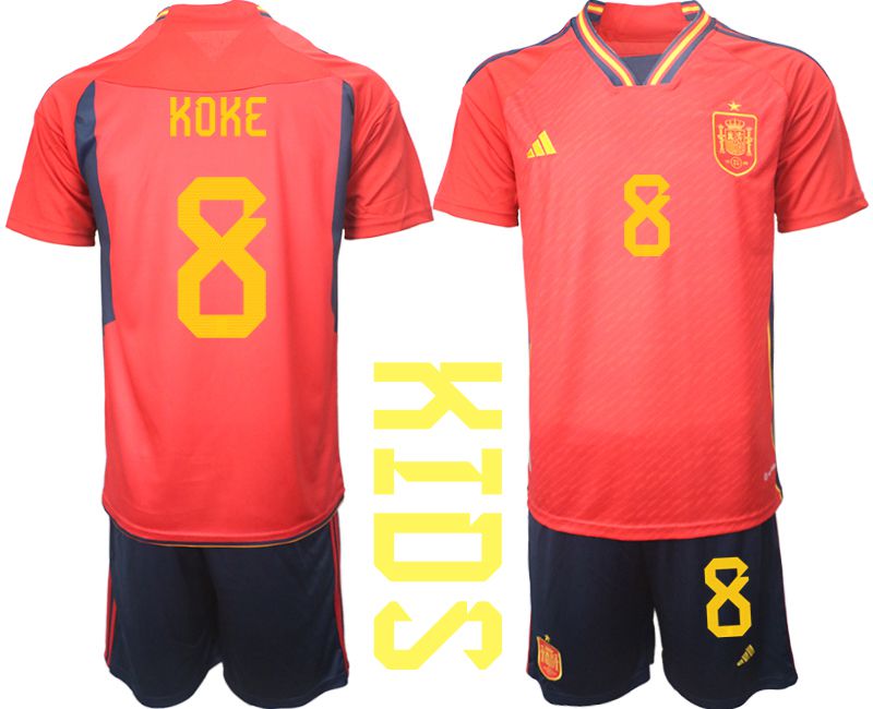 Youth 2022 World Cup National Team Spain home red #8 Soccer Jersey->youth soccer jersey->Youth Jersey